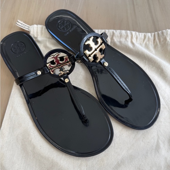 Tory Burch Mini Miller Jelly Sandal - Black/Gold - Size 9 & TB Shoe Bag - Picture 4 of 5
